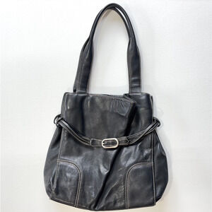 Kenneth Cole NY Black Genuine Leather Hobo Shoulder Bag Buckle Accent
